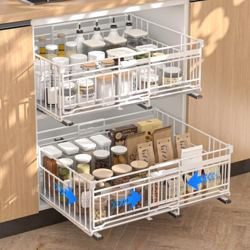 Vankarr 2 Stück teleskopschublade ausziehbare schublade küche mit Kleber,Ausziehbarer Schrank Organizer mit Schienensystem,32.5-50cm Verstellbare Breite teleskopschublade,Weiß