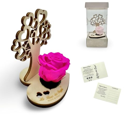 La Rosa dei Sogni Rosa Stabilizzata con Albero della Vita in Legno Intaglio Laser – Fiore Naturale a Lunga Durata, Scatola Elegante - Made in Italy (Fucsia)