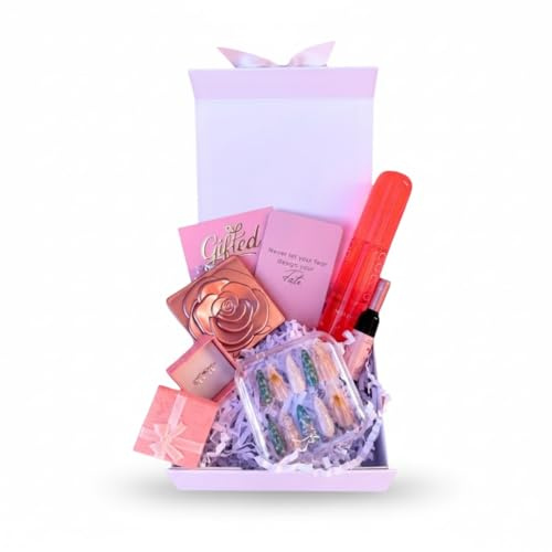 Gift Box for Women | Beauty & Pamper Set with 925 Sterling Silver Earrings, Press On Nails, Perfume, Lip Tint, Compact Mirror