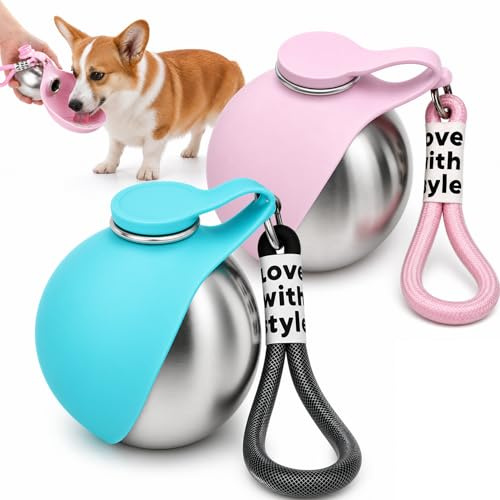 2 Pièces Gourde Chien Promenade, 285ml×2 Gourde pour Chien | Acier Inoxydable 304 avec Silicone Abreuvoir, Gamelle Pliable en Silicone pour Chien Chats, pour Randonnées, Voyages, Camping