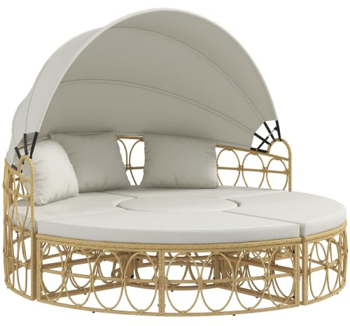 Outsunny Sonneninsel, 4-TLG., mit Klappbarem Verdeck, Zweisitzer, Creme | Muschel Gartenmöbel-Set, Bank, Couchtisch, Gartenlounge Set, Sitzgruppe für Outdoor