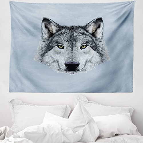ABAKUHAUS Wolf Wandteppich, Hund Porträt Blick Sublime Tier Illustration Canine Beast, aus Weiches Mikrofaser Stoff Wand Dekoration Für Schlafzimmer, 150 x 110 cm, Schwarz Beige Blaugrau