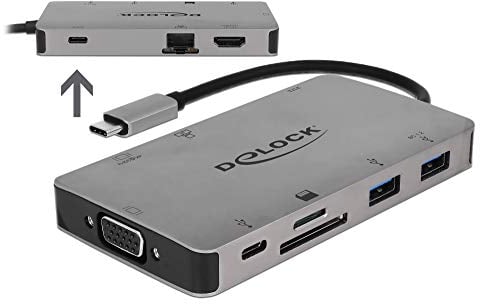 Delock USB C HUB/Thunderbolt 3 Adapter / 9 in 1 Dockingstation mit HDMI 4K / VGA/USB 3.1 mit PD 3.0 Ladefunktion/SD/Micro SD-Kartenleser / RJ45 GigaBit LAN, 87735