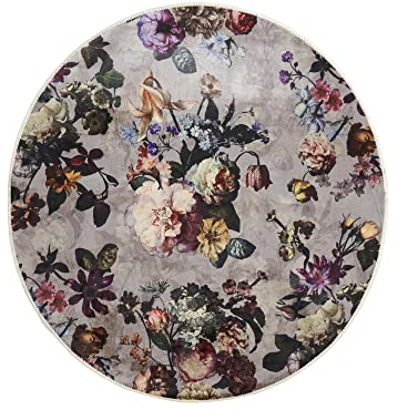 ESSENZA Teppich Fleur Finest Grau,Ø 90 cm, 60% Polyester, 30% thermoplastischesPolyurethan, 10% Baumwolle, Blumen Pfingstrosen Tulpen
