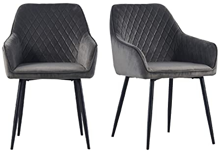 JYMTOM 2er-Set Samt Esszimmer Stühle Gitter Design Armlehnestühle mit Sitzfläche aus Samt, Küchenstühle mit Gestell aus Metall, für Wohnzimmer, Schlafzimmer(2,Grau)