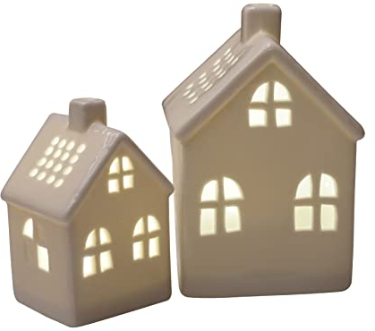 khevga Weihnachtsdekoration Haus Teelicht oder LED aus Keramik 2er Set Weiß (Mit LED)