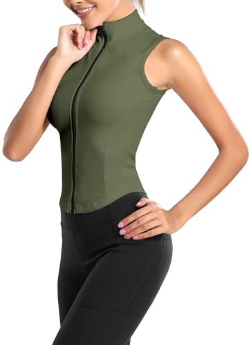 FEOYA Damen Full Zip Sport Weste Workout Gym Crop Tops Ärmellos Yoga Laufen Gym Tops Ärmellose Shirts Skinny Workout Tank Activewear Weste Elastische Stretch Übung Yoga Tanktops Grün XL