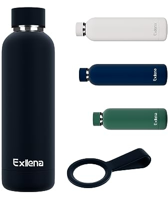 Exllena Insulated Black Water Bottles 500ml with Clip, Double Wall Vacuum Drinks Bottle Keeps Drinks Cold 24 Hrs/Hot 12 Hrs, Stainless Steel Water Bottle BPA Free