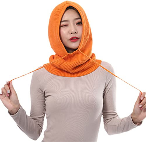 Unisex Strickmütze aus Kaschmir, mit Kapuze, Halskragen, Kopf, Kordelzug, dicke Mütze für Herren und Damen, 11 Orange, One size