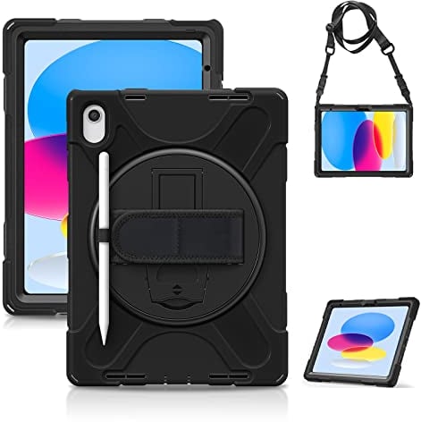 Gerutek Hülle für iPad (A16) 11./10. Generation 11/10,9 Zoll 2025/2022, Stoßfeste Robust Schutzhülle mit 360° Drehbar Stände Stifthalter Handschlaufe Schultergurt, Case für iPad 11./10. Gen, Schwarz