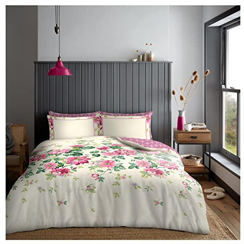 Lions Complete Bedding Set - Flower Printed Duvets Cover with Matching Pillowcase, Ultra Soft Reversible Poly Cotton Quilt Covers for Girls Women, Single Double King (Cream, King)