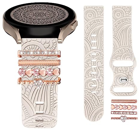 TOYOUTHS Floral Gravierte Armband mit Dekorative Charme kompatibel mit Samsung Galaxy Watch 7/6/5/4/Active 2 40mm 44mm, 20mm Frauen Boho Sport Silikon Armband für Watch 6 Classic/Watch FE, Beige/Love