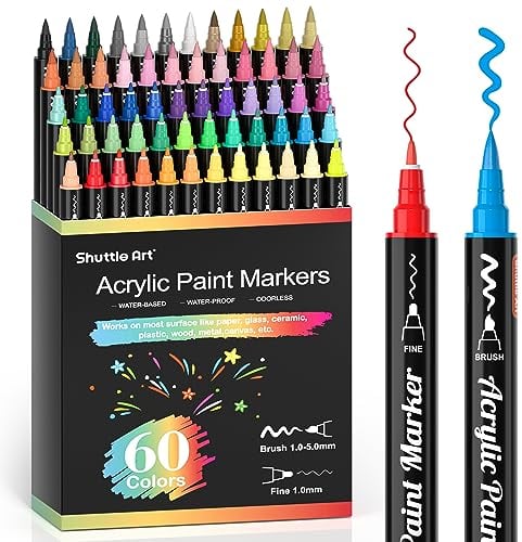 Shuttle Art Dual Tip Acrylic Paint Pens, 60 Colours Fine & Brush Paint Marker Pens, Paint Pens for Rock Painting, Ceramic, Wood, Fabric, Glass, Art Marker Pen Set for Kids Adults on Christmas Easter