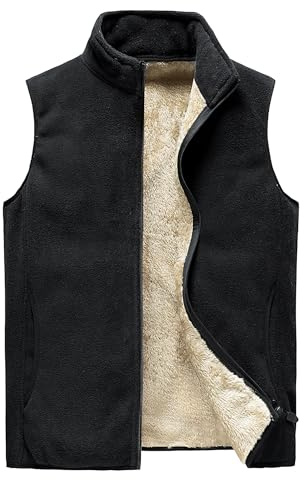 Detwen Gilet in pile da uomo, foderato, invernale, senza maniche, caldo, per autunno e inverno, Nero , M