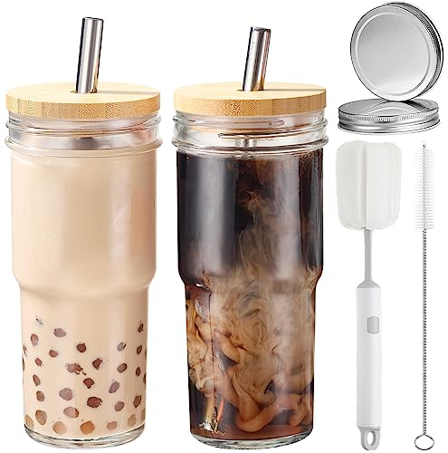 2-Pack 24oz Glass Cups Tumbler with Lids and Straws & 2 Airtight Lids, Reusable Boba Bubble Tea Cups, Mason Jar Drinking Glasses Iced Coffee Cup for Long Drinks, Water, Cocktail, Whiskey, Gift