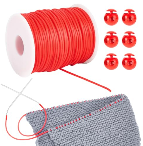 NBEADS 55 Yards Gummischnüre zum Nähen, 2mm Hohle Gummischlauch Strickschnur Stitch Keeper mit Cord Locks zum Halten von Stichen Armband Halskette Perlen und Schmuck Machen, Rot