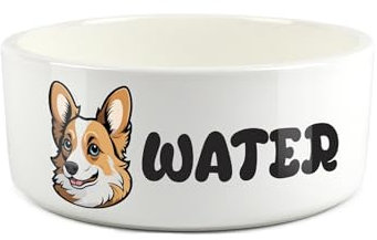 Corgi Pet Bowl - Cartoon Dog Portrait Large Ceramic Water Bowl - Novelty White Water Dish For Dogs