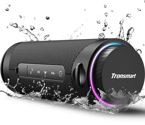 Tronsmart T7 - Bocina Bluetooth portátil de sonido envolvente 360° con EQ personalizado, luz RGB, impermeable IPX7, Bluetooth 5.3, emparejamiento dual inalámbrico, botón de volumen giratorio, tarjeta