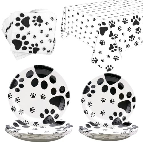 Puppy Paw Party Supplies - Dog & Cat Print Tableware Set with 20 9 Plates, 20 7 Plates, 20 Napkins and 1 Tablecloth for Puppy Theme Birthday Decorations