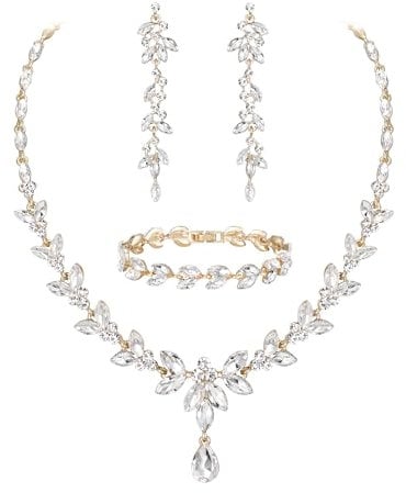 Ever Faith Rhinestone Wedding Bridal Jewellery Sets, Elegant Marquise Crystal Leaf Necklace Dangle Earrings Tennis Bracelet Set for Women Bridesmaid Clear Gold-Tone