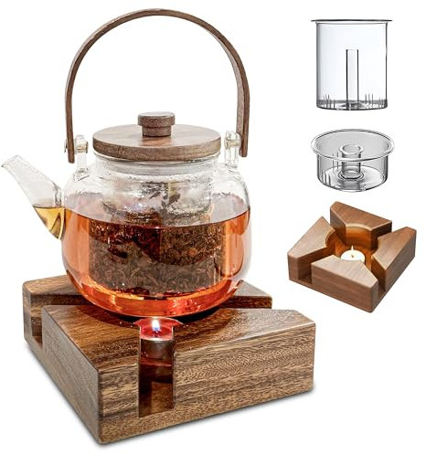 MIKOLY Glass Teapot Stovetop with Wooden Stand - Borosilicate Glass Kettle with 2 Type Removable Infuser & Wooden Lid - Gas Electric Stovetop - Smooth surface - Tea Connoisseur's Choice - 34 Oz