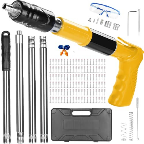 Pistola de Clavos con 120 Clavos con 1.6m ExtensióN,Acero Giratoria Grapadoras y clavadoras Con 4 Barras De ExtensióN,5 Velocidades Pistola Clavos De Pared Para Trabajo De Madera