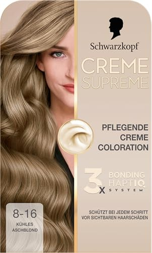 Schwarzkopf Creme Supreme Coloration 8-16 Kühles Aschblond (182 ml) | Dauerhafte Haarfarbe mit Serum und Haar-Maske, schützt vor sichtbaren Haarschäden, intensive Farbe für 100% Grauabdeckung