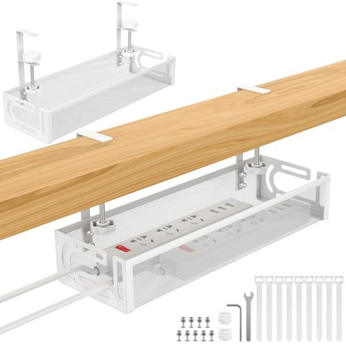 FoiiLiio Bandeja de Gestión de Cables Debajo del Escritorio, Cesta de Malla sin Taladrar para Recoge Cables y Regletas de Alimentación - Blanco