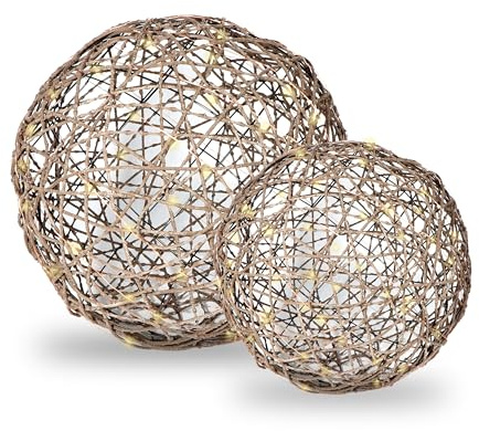 Gartenpirat Rattan Optik Deko-Kugel Set Ø 30 cm und Ø 40 cm LED warmweiß Kupferdraht-Lichterkette Batterie Timer-Funktion Innen & Außen