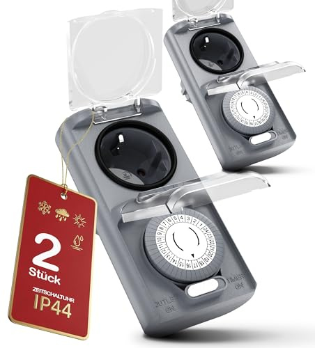 Menz Zeitschaltuhr Aussenbereich, Grau, 2 Stück | Mechanische Zeitschaltuhr Steckdose außen, IP44 Zeitschalter analog außen, ca. 3,7 kW Zeitschalter, Outdoor Timer