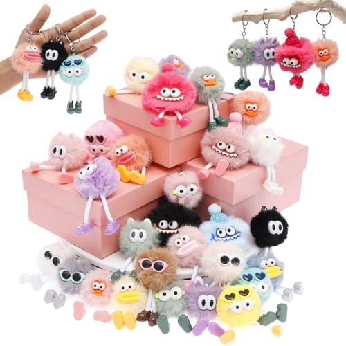GWCYMYD 28 PCS Plush Doll Keychains, Cute Fluffy Bag Charms, Soft Faux Fur Keyring Pendants, Bulk Mini Toys for Party Favours & Classroom Prizes (Random Colours)