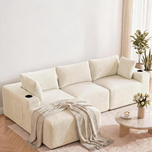 HAUSPROFI 2 in 1 Ecksofa L-Form Schlafsofa 278 cm,Boneless Sofa 3 Sitzer, Modulares Sofa mit Schlaffunktion,Cord‑Stoff, 5 Kissen & Getränkehalter fur Wohnzimmer,Schlafzimmer