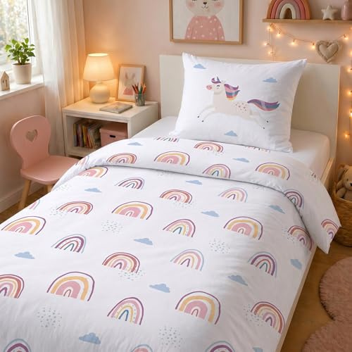 LINKHOFF Einhorn Bettwäsche 135x200 – 100% Baumwolle Mädchenbettwäsche Weiß | Unicorn Kinderbettwäsche 135x200 Regenbogen Rosa, Teenagerbettwäsche Reißverschluss, Kissenbezug 80x80cm