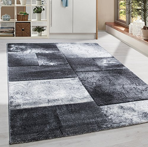 HomebyHome Teppich 120x170 cm Kurzflor Konturenschnitt in Grau Weiß Kariertes Design, Extra Weich, Waschbar, Pflegeleicht Für Wohnzimmer, Schlafzimmer, Esszimmer