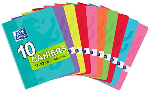 Oxford Classique Lot de 10 Cahiers Agrafés Petits Formats 17 x 22 cm 60 Pages Grands Carreaux Seyès 90 gr Couleurs Assorties