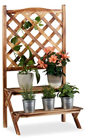 relaxdays Fioriera a Scala con Spalliera, Portapiante, 2 Ripiani, Legno, HLP 109x61x40 cm, Effetto Bruciato