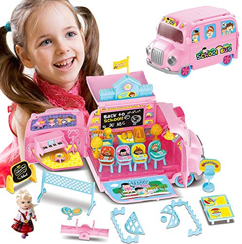 BAKAJI School Bus Playset Puppenschule Spielzeug für Kinder mit Puppe und Spielzubehör, Schule Bus Fahrzeug und Zubehör