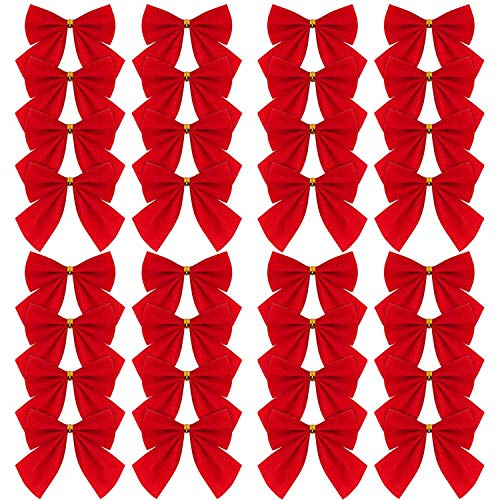 AKH® Fiocchi di velluto rosso per albero di Natale, decorazioni per feste, regali, fiocchi in velluto (confezione da 18)