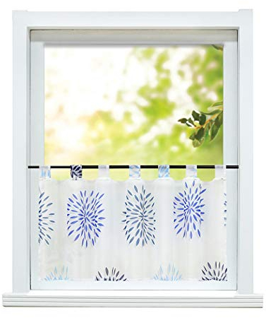 ESLIR Scheibengardine modern Bistrogardine Küche Gardinen Transparent Vorhänge mit Schlaufen Kurzgardine Voile Kreis Muster Blau HxB 45x120cm 1 Stück