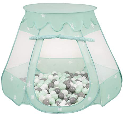 Selonis Baby Spielzelt Mit Plastikbällen Zelt 105X90cm/200 Stück Bälle Plastikkugel Kinder, Minze:Weiß/Grau/Minze