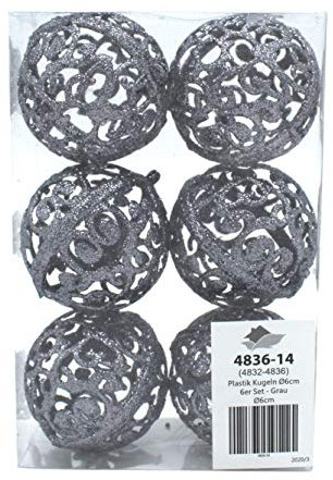 DARO DEKO Weihnachts-Kugel 6cm Glitzer 1 Set - 6 Kugeln grau