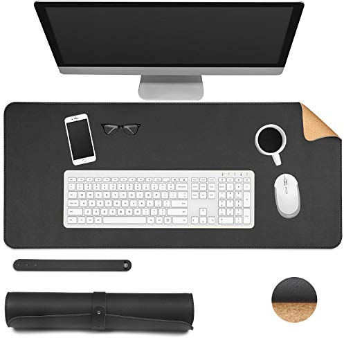 Dricar Sous Mains Bureau, Tapis de Souris 70 x 30cm, Tapis de Bureau en Cuir Liège Double Face Deux Couleurs Protege Bureau pour Bureau Maison (Noir)