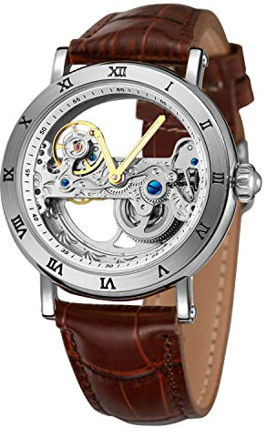 FORSINING Fahionable Herren Skelett-Armbanduhr, mechanisch, automatisch, mit Lederband, Silber und Braun