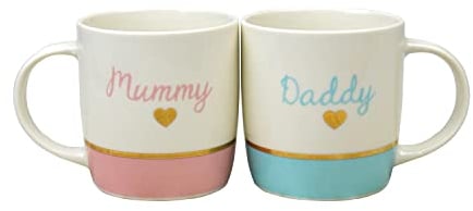 YöL Mummy & Daddy Mugs Set Baby Shower New Parents Newborn Gift New Bone China 12oz Celebration Home Kitchen Pink Blue Gold Foil Design