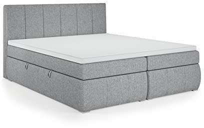 FEDVE Boxspringbett 140x200 Grau – Leo – Dauerhaft Bett mit Bettkasten – Praktisches Doppelbett mit Stauraum für Viele Jahr - Kopfteil Bett mit Matratze zum Schlafzimmer