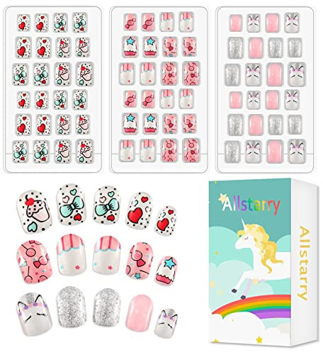 Allstarry Children Nails Press on Pre-glue Full Cover Glitter Gradient Color Rainbow Short False Nail Kits Lovely Gift for Children Little Girls Nail Art Decoration - Lovely Kitten