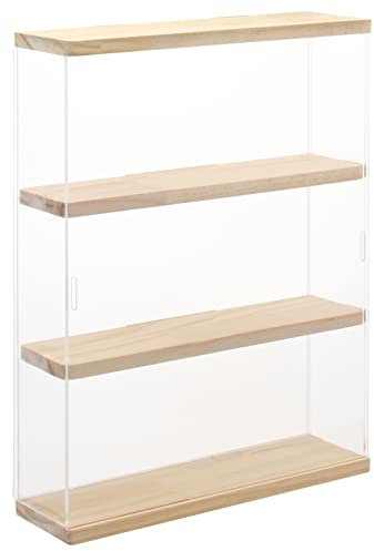 NONEMEY Clear Acrylic Display Case Stand with Wood Base 2 Tier、3 Tier、12/24 Compartments Storage Box Wall Mount Showcase Dustproof Organizer Box for Collectibles (Wood 3Tier 12×3.3×15inch)