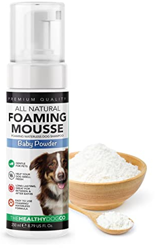 The Healthy Dog Co - Dog Dry Shampoo - Baby Powder- Dog Waterless Shampoo - Dog Dry Skin Shampoo, No Rinse, Mousse Quick Dry Dog Shampoo for Smelly Dogs Suitable as Dry Puppy Shampoo - 250 ml
