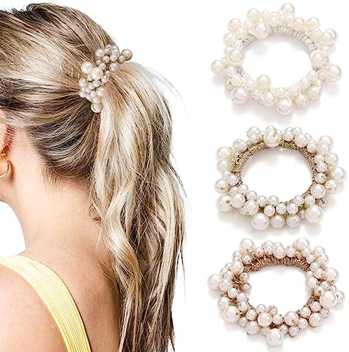 Runmi Perlen-Haargummis, elastische Haargummis, weiße Perlen, Haarbänder, Pferdeschwanz-Halter, Haar-Accessoires für Damen und Mädchen (3 Stück)