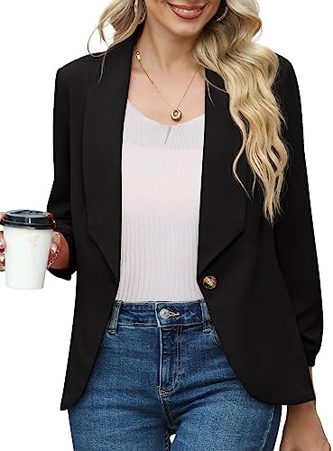 PrinStory Women's Office Blazer Jackets 3/4 Ruched Sleeve Open Front Cardigan Casual Blazer Work For Women (Black, 12-14)
